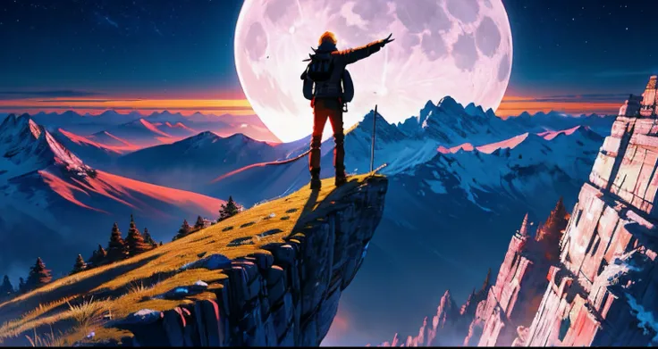 (extremamente detalhado, wallpaper em CG em 8k, obra-prima, melhor qualidade) Paisagem NOTURNA.a handsimeboy stand on moutain,at night ,full moon