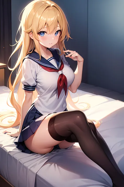 (masterpiece), best quality, expressive eyes, perfect face, anime girl with blonde hair and black stockings sitting on a bed, seductive anime girl, medium_oppai, beautiful alluring anime woman, hajime yatate, emale anime character, official anime still, be...