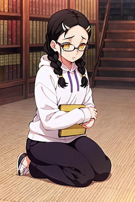 kimetsu no yaiba style,1 girl with black curly hair, braids on both sides, bangs neatly parted on both sides of her forehead with a small hair clip on each side, yellow eyes, glasses, purple hoodie and 1 eye-length black and white striped sweatpants ankles...