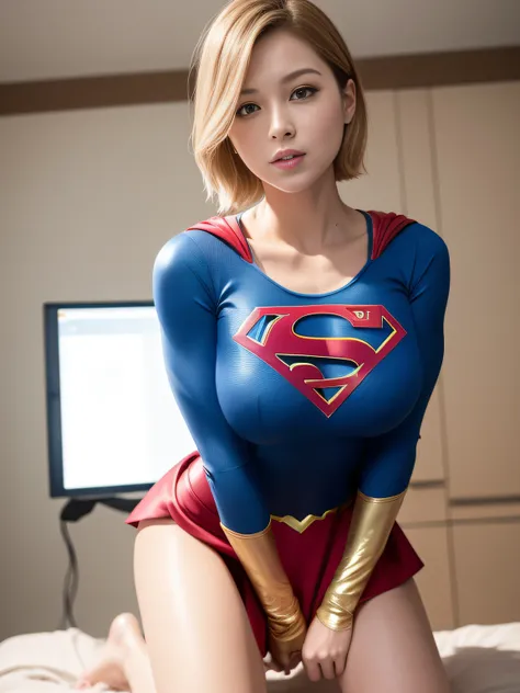 ​masterpiece,Supergirl Costume, short-hair, bare-legged, large full breasts,surgery room、Operating table、straddle、depraved、shiny、Looking at the camera、seduces、estrus、Cowgirl、Trance、Fayue、enjoyment