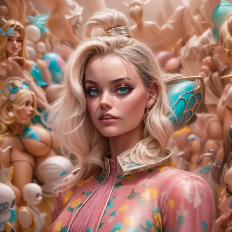 Portraiture of actress Margot Robbie depicting her as a lifelike representation of Barbie doll in highly detailed, hyperrealistic style with focus on expressive features and meticulously rendered clothing/accessory elements; set against backdrop showcasing...