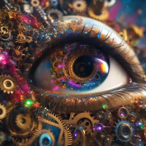 (close up of android eyes), The eye is made up of many gears, Colorful sparks are flying from the gears, surrealistic composition, extreme detailed, (fractal art:1.3), colorful, (photorealistic:1.4), Best quality, 8k, Masterpiece, raw photo