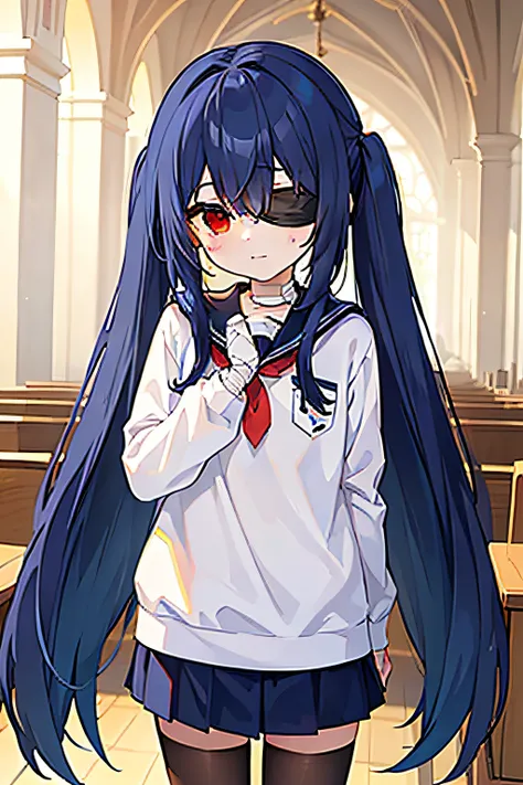 masterpiece, best quality, 1girl, elementary school student, very very long hair, ((blue hair)), twintail, red eyes, standing in front of the church, wearing a white sweatshirts, short pants, ((with a bandage around eyes)), expressionless, blindfolded