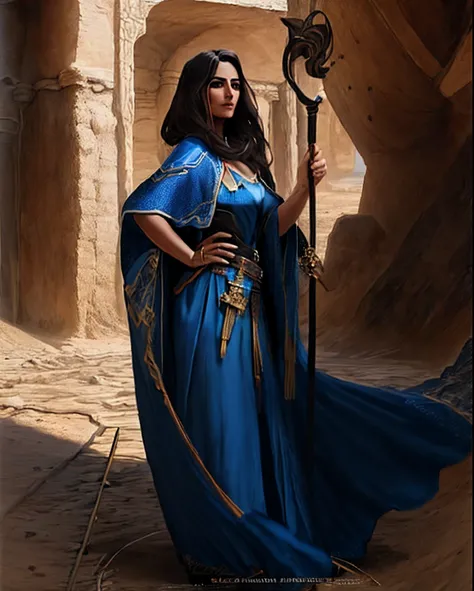 Arafed Woman in a blue dress holding a cane in a desert area,  azul, elfic priestess, Mujer hechicera, Magic The Sorceress Gathering, Maya Ali como D&D Hechicero, Maga femenina, Hechicera nigromante, flowing robes, hechicera, Maga femenina conjurando un he...