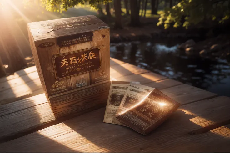 Box on rustic wood, Sunny morning, The background is a lake, blurred lens, Professional photography, Ultra photo realsisim, Very detailed, suns rays