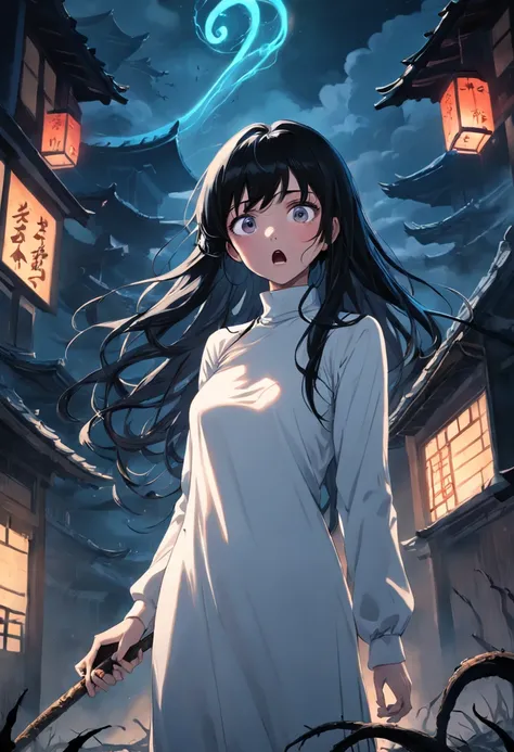 A beautiful girl with long black hair，Wear a white turtleneck nightdress，Holding a stick in the house，（The eyes are terrified），with her mouth open（Shout loudly），Lots of small snakes，Twist on the ground，Eerie light，Dark night，high high quality，fog atmospher...