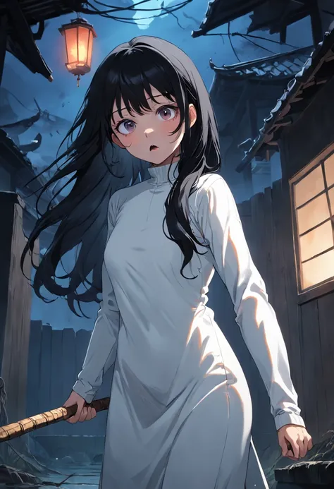 A beautiful girl with long black hair，Wear a white turtleneck nightdress，Holding a stick in the house，（The eyes are terrified），with her mouth open（Shout loudly），Lots of small snakes，Twist on the ground，Eerie light，Dark night，high high quality，fog atmospher...