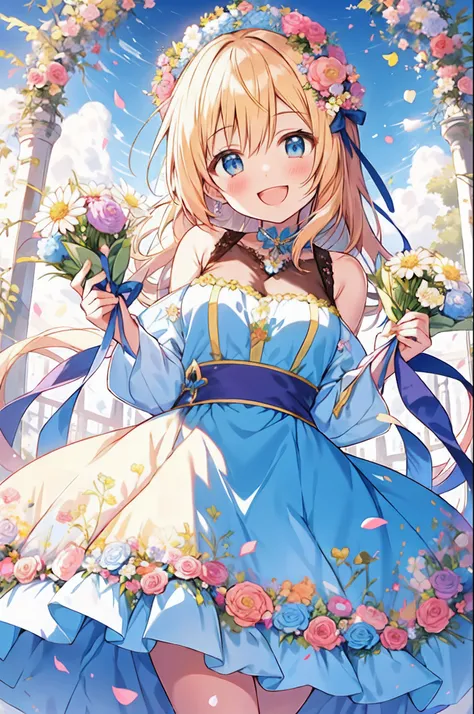 Anime girl with flowers in her hands，With a smile on his face, with flowers, Guviz, she expressing joy, beautiful and smiling, laughing sweetly, Lovely smile, with a beautifull smile, Middle metaverse, by Yang J, Happy and cheerful look, and she smiling，Ve...