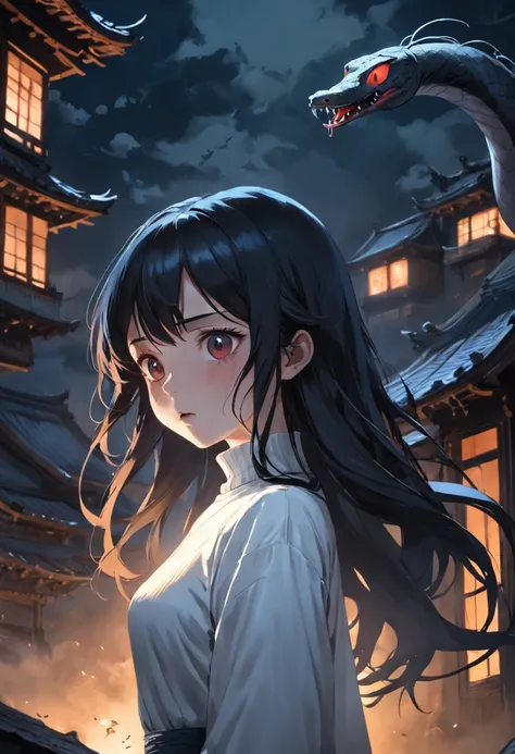 A beautiful girl with long black hair，Wear a white turtleneck nightdress，There are many small snakes in the house，（The eyes are terrified），with her mouth open（Shout loudly），Eerie light，Dark night，high high quality，fog atmosphere，(Chinese folk suspense supe...