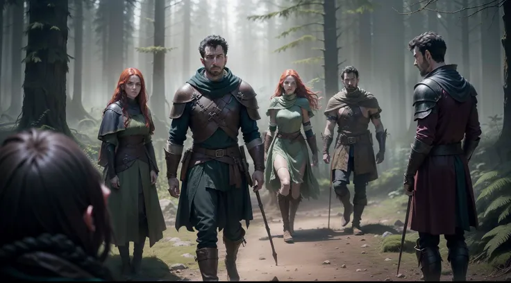 arafed image of a group of fantasy adventurers, three men and one woman, slogging through a bog, gnarled trees all aroundt, still from a fantasy movie, still image from tv series, movie promotional image, promotional still wide angle, shallan davar, mediev...