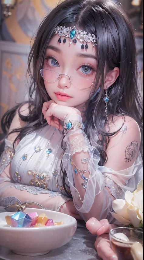 1girll,（enchanced quality：1.4），（Top quality true texture skin), Delicate face,Black hair, Gradient hair, Petite body,（perfect bodies：1.1）, There are precious stones on the forehead, rimless eyewears, Sparkling pupils，long eyelasher,grin, hyper photorealism...