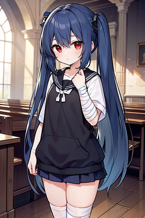 masterpiece, best quality, 1girl, elementary school student, very very long hair, ((blue hair)), twintail, red eyes, standing in front of the church, wearing a white sweatshirts, short pants, ((with a bandage around ones eye)), expressionless