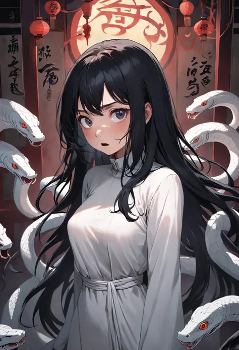 A beautiful girl with long black hair，Wear a white turtleneck nightdress，Being in the room，Surrounded by a lot of small snakes，（The eyes are terrified），with her mouth open（Shout loudly），Eerie light，Dark night，high high quality，fog atmosphere，(Chinese folk ...