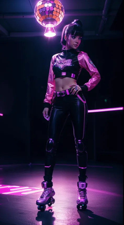 a roboticgirl in rollerblades on the dance floor, 80 style, disco ball above, groovy, coolcat, neon colors, neon light, 8k, high quality, 80 style, synthwave