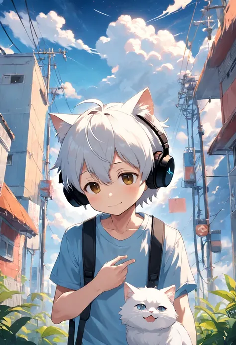 1 man looking at a kitten white，Boys with headphones，ssmile，The background is blue sky and white clouds