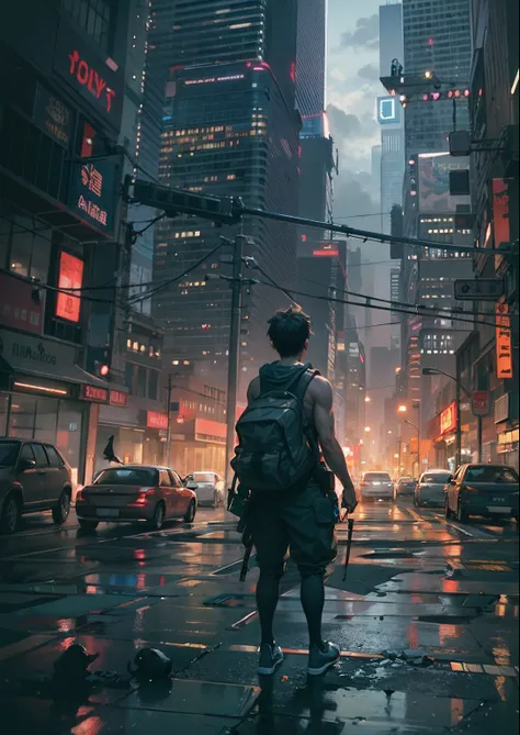 1boy,a 13 yo boy、Cyberpunk Boy、katanas,Tank Tops、Whole body bloody、Overhead view of the composition、back lighting,The beginning of the adventure、Lots of clouds,heavy fog、Midnight,darkness,Chaotic city of the future、Movie dystopia、A group of very complex ta...