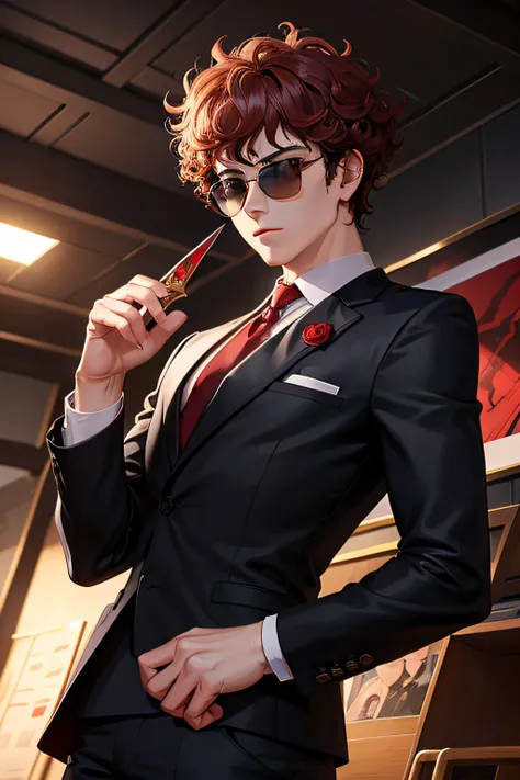 1boy ， red eyes， Brunce，curlies，Business suit，daggers，Black sunglasses