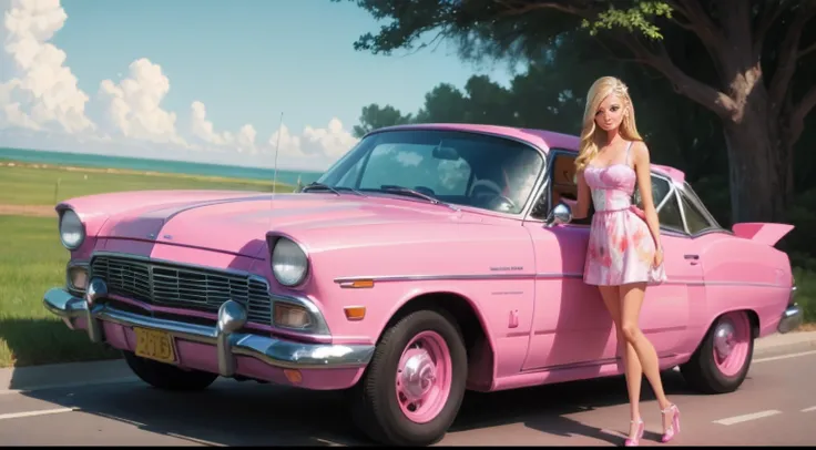 painting full body shot, Barbie blonde hair, driving the pink car with her boyfriend under blue sky