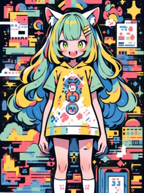 Use of primary colors, Stencils to the earth, Photo, spaces, Clear color palette, Cute girl in sticker style / Super Detail Face / High quality limbs / Opens mouth and laughs / Cat ears, cosmos / Sunset sky / Picture book style background / ultra-detaillie...