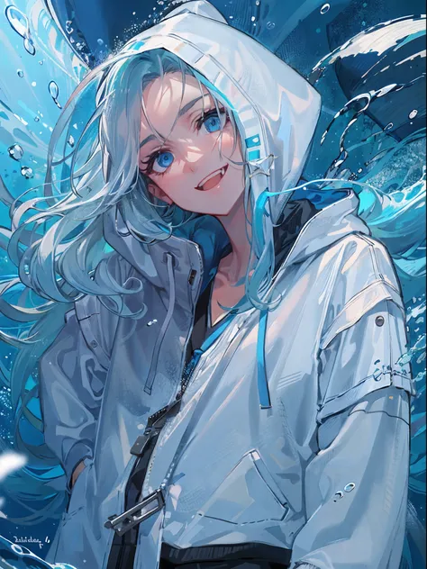 ((top quality)), ((masterpiece)), ((super detail)), (very delicate and beautiful), girl, solo, cold demeanor, ((black jacket)), she looks very (relaxed) and (calm), black hair, depth of field, evil smile, stirrups, underwater, air bubble, light blue eyes, ...