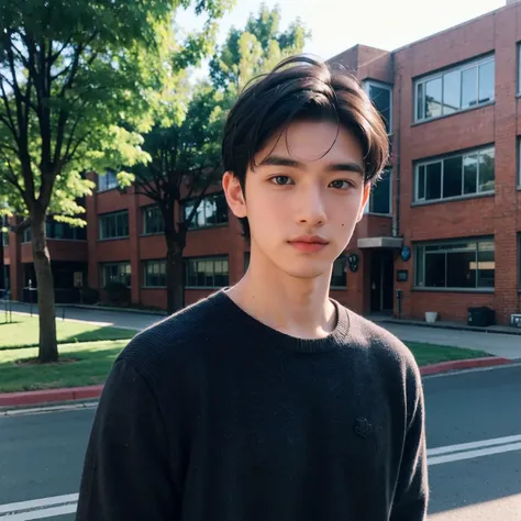 A young man，with short black hair，Handsome face，The background is school，rays of sunshine