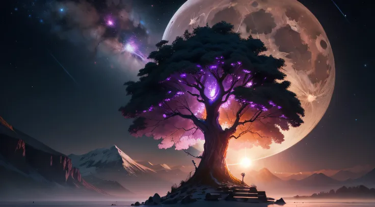 (full moon: 1.2), (shooting star: 0.9), (nebula: 1.3), distant mountain, tree break production art, (warm light source: 1.2), (firefly: 1.2), lamp, purple and orange, intricate detail, volume lighting BREAK (masterpiece: 1.2), (highest quality ), 4k, ultra...