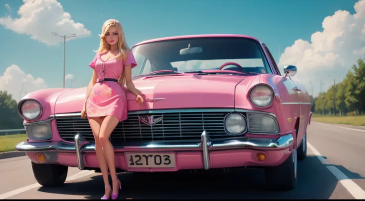 painting full body shot, barbie blonde hair, driving the pink car with her boyfriend under blue sky