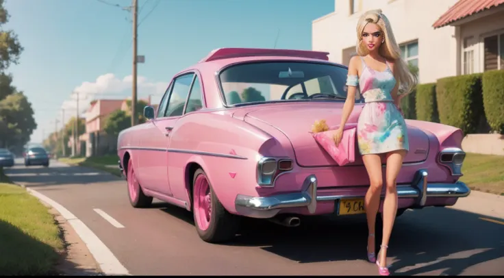 painting full body shot, barbie blonde hair, driving the pink car with her boyfriend under blue sky