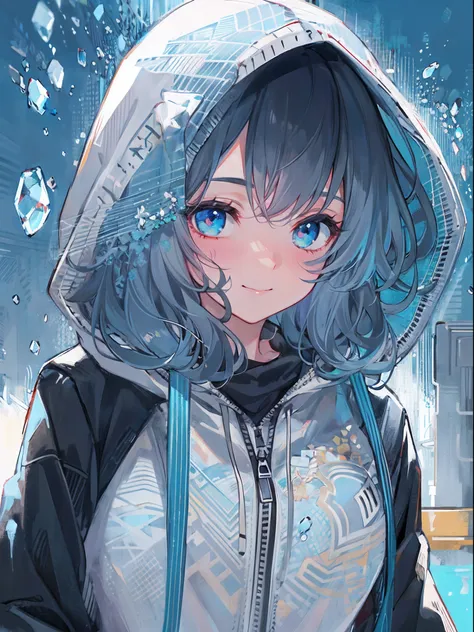 ((top quality)), ((masterpiece)), ((super detail)), (very delicate and beautiful), girl, solo, cold demeanor, ((black jacket)), she looks very (relaxed) and (calm), black hair, depth of field, evil smile, stirrups, underwater, air bubble, light blue eyes, ...