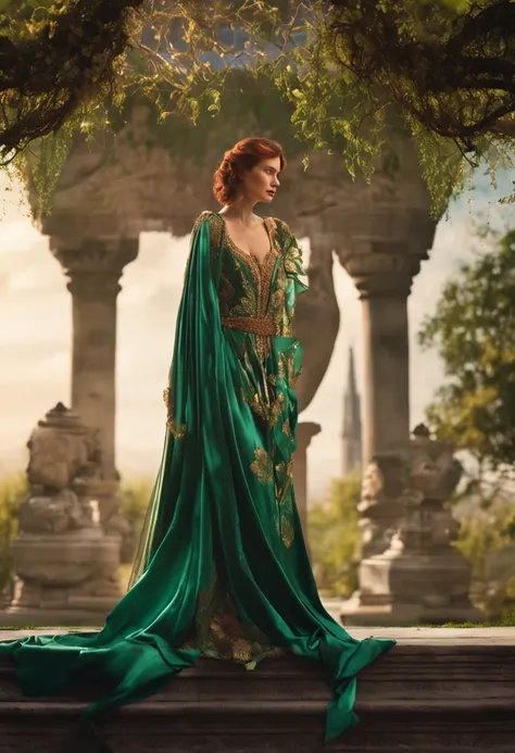 auburn hair，Slender palatial woman, Decorated with flowing emerald silk robes, Stand on top of a meadow hill，The view is majestic.