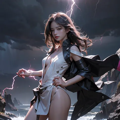 Best quality,masterpiece,ultra high res,,leilinggeng,lightning,,Lots of lightning,drawing,lightning elemental energy towards himself,Beautiful girl,The body is wrapped in lightning,