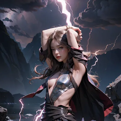 Best quality,masterpiece,ultra high res,,leilinggeng,lightning,,Lots of lightning,drawing,lightning elemental energy towards himself,Beautiful girl,The body is wrapped in lightning,