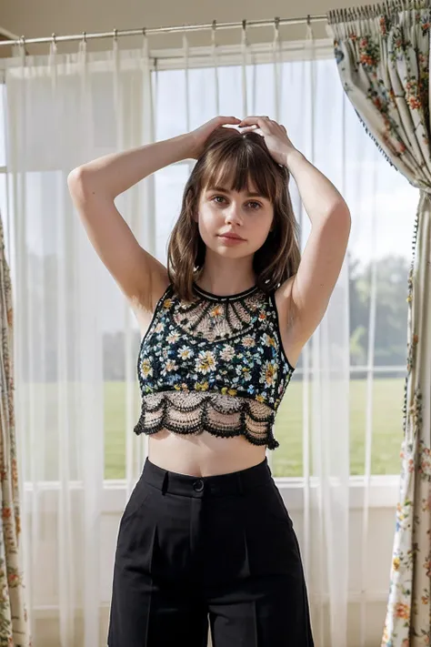 masterpiece, best quality, AngourieRice, solo, with straight black hair with bangs, wearing a sexy crochet crop top, full closed suit, posing with one hand behind her head, in front of a floral curtain,