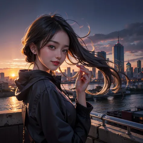 xx Remix Girl,1girll, fish eye, self-shot, Wind, Messy hair, Sunset, Cityscape, (Aesthetics and atmosphere:1.2), Gray hair,Smiling,Movie girl