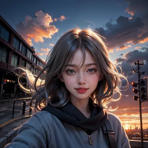 xx Remix Girl,1girll, fish eye, self-shot, Wind, Messy hair, Sunset, Cityscape, (Aesthetics and atmosphere:1.2), Gray hair,Smiling,Movie girl