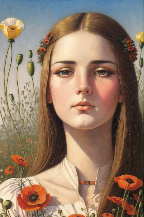 ((beste-Qualit)), ((tmasterpiece)), ((Realistic)), 1 young girl, Poppy field, Colorful, Vintage IMPROVISATION, Feminine Pose, (Perfect skin), Complicated details, Extremely detailed, Raw, HDR, ((in the style of Carlos-Schwabe:0,4/Karl-Larsson:0,6)), 8K