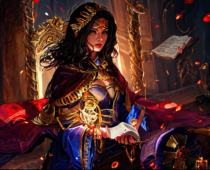 Imagen de una mujer con una espada y un libro, Maya Ali como D&D Hechicero, Dark fantasy magician, Retrato de una maga, Maya Ali como D&D Hechicero, Retrato de un mago, Retrato de una hechicera, Magic The Sorceress Gathering, Maga femenina conjurando un he...