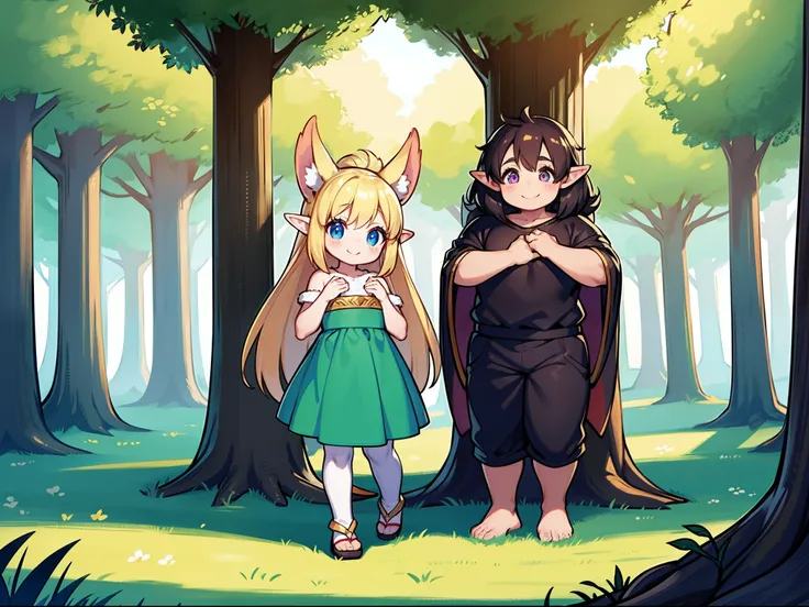 Two Little Happy Girls and One Boy Walking Through Fantasy City, Around the elves, Gnomes, Beastmen. completely naked, round face, big eyes, long eyelashes, full body photographed, smil. Hayao Miyazaki. bright colours, Fairy-tale surroundings