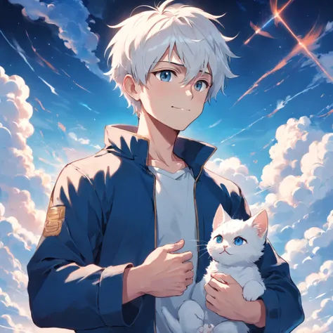 Man looking at the little white kitten，The man is on the left，The cat is on the right，Boys with headphones，ssmile，The background is blue sky and white clouds