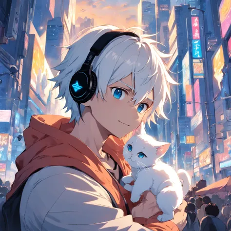 Man looking at the little white kitten，The man is on the left，The cat is on the right，Boys with headphones，ssmile，The background is blue sky and white clouds