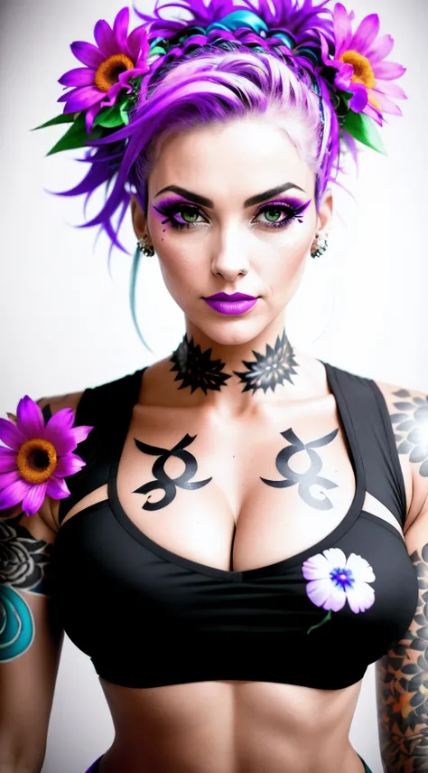 photography of a beautiful monster woman with flowers in her hair.shot from a dutch angle ,close up , headshot. deep cleavage ,wearearing an athletic top , punk woman . blury background. slim, (small breasts),