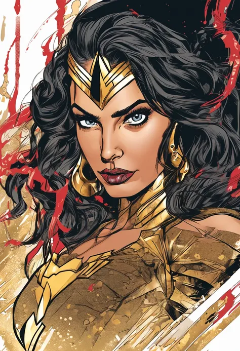 Wonder Woman is an iconic superheroine，Known for his strong courage and compassion. Her face showed a sense of determination and justice. Her sharp eyes reflect her unwavering determination and compassion for others. Her black hair poured down in sweet wav...