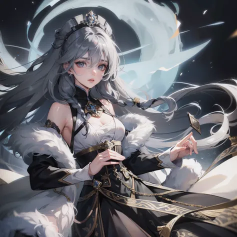 Adult woman, gray wavy hair with blue strands, gathered in a long braid, gray eyes, royal attire of the era of tsarist Russia, fur jewelry, sad look, black clothes, costume with open top, Ice Goddess