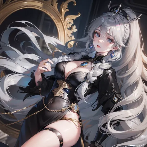 Adult woman, gray wavy hair with blue strands, gathered in a long braid, gray eyes, royal attire of the era of tsarist Russia, fur jewelry, sad look, black clothes, costume with open top, Ice Goddess