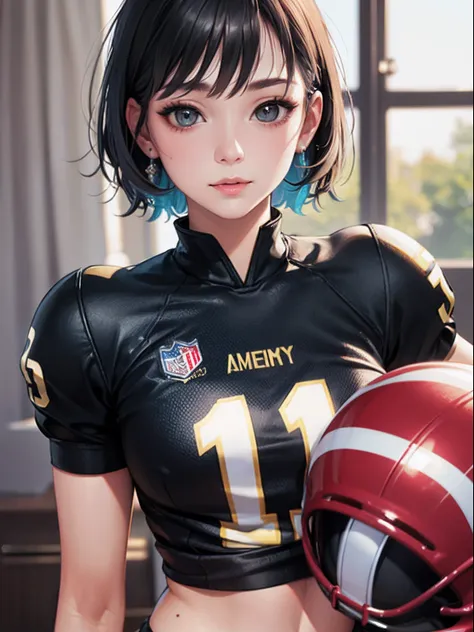 ​masterpiece、top-quality、hight resolution、High-quality images、8K、1womanl、detaileds、Detailed eye depiction、skin gloss、Lustrous black hair、Shorthair、colourfull、Lisa、portlate、American Football Uniforms