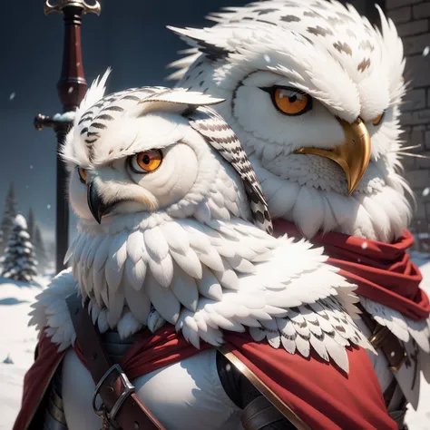 Knight with the face of a snowy owl. Carries a great-sword and wears a red cape