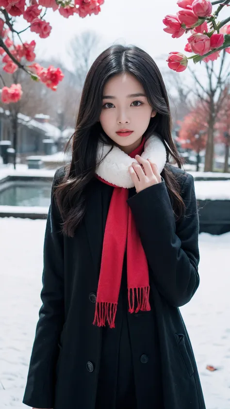 32K（tmasterpiece，k hd，hyper HD，32K）Long flowing black hair，ponds，zydink， a color，  Xuzhou people （Seduce girls）， （Red scarf in the snow）， Combat posture， looking at the ground， long whitr hair， Floating hair， Carp pattern headdress， Chinese long-sleeved si...