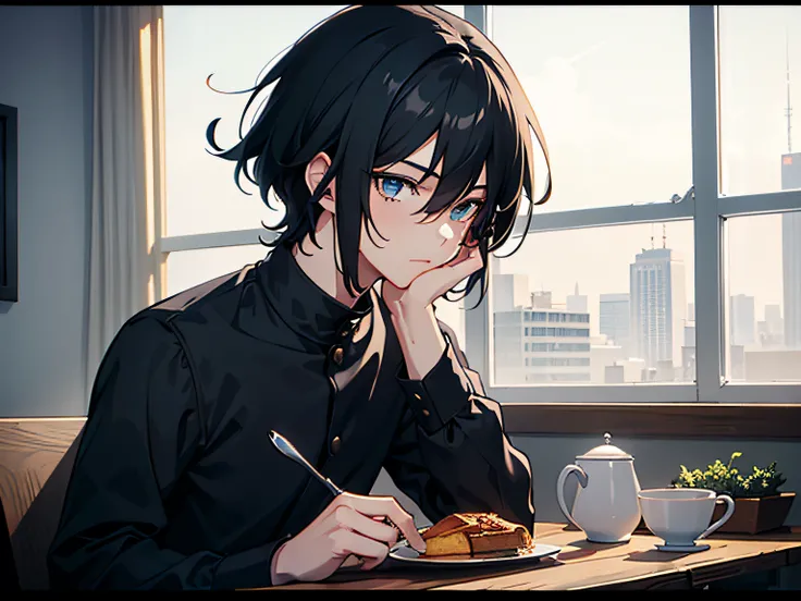 A boy with，Black color hair，blue color eyes，Handsome，Take breakfast，Illustration anime style，Dark 4K, hyper HD, Masterpiece