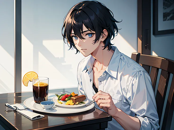 A boy with，Black color hair，blue color eyes，Handsome，Take breakfast，Illustration anime style，Dark 4K, hyper HD, Masterpiece