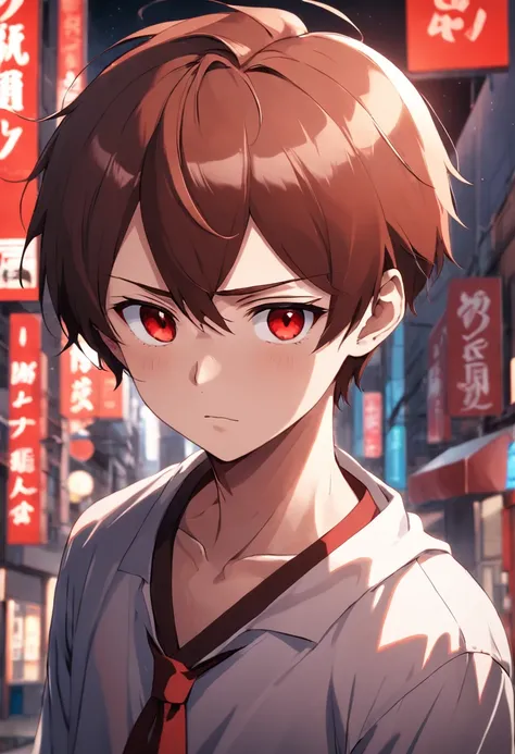 High school pretty boy 16 years old brown red short hair and red eyes，Slight frown, Sweaty school uniform, Small chest, long eyes, Fair skin，Thin muscles